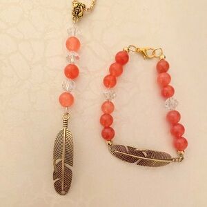 Coral Pink Jade Bead Feather Pendant Necklace and Bracelet Set - Women Jewelry